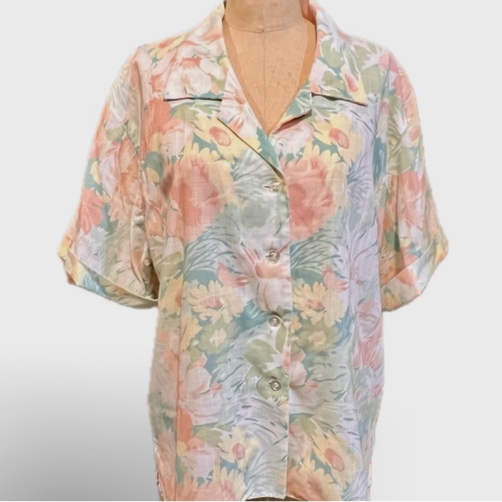 VINTAGE summer flower‎ garden button front collar shirt short sleeve peony daisy